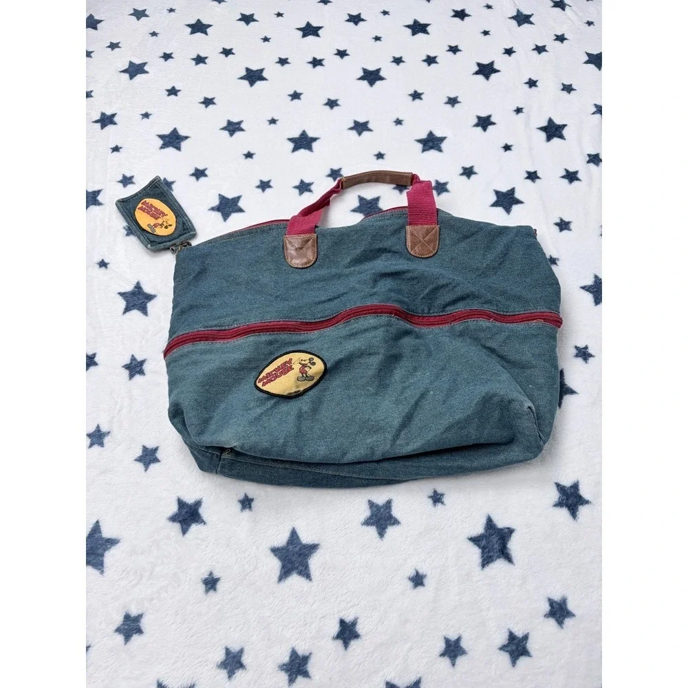 Vintage Disney Mickey Mouse Denim Duffle Bag Travel Gym Bag w Pouch